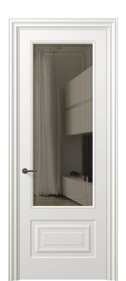 Межкомнатная дверь Mascot 8442 Матовый пудровый белый Прозрачное бронзовое стекло с гравировкой "Грани", триплекс Цена 73460 ₽ | Volhovec