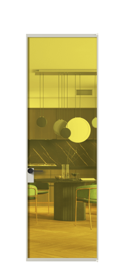 Алюминиевая дверь АЛПЛ040.01 Алюминий тёплый серый Прозрачное жёлтое стекло, триплекс Цена 200590  | Volhovec