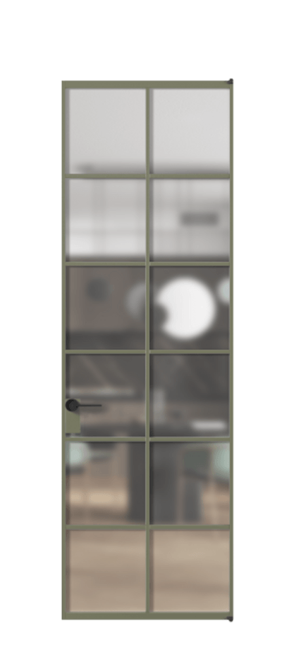 Алюминиевая дверь АЛПЛ040.05 Алюминий оливковый тёмный Сатинированное стекло "Matelux Crystal Vision", калёное, матовое, каленое 6 мм Цена 229280  | Volhovec