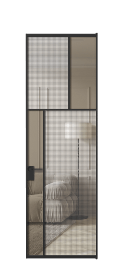 Межкомнатная дверь Mosaic АЛПЛ041.22 Алюминий Черный Декоративное стекло с сеткой "Mesh silver", триплекс, 6 мм + Прозрачное бронзовое стекло, триплекс Цена 241800 сом | Volhovec