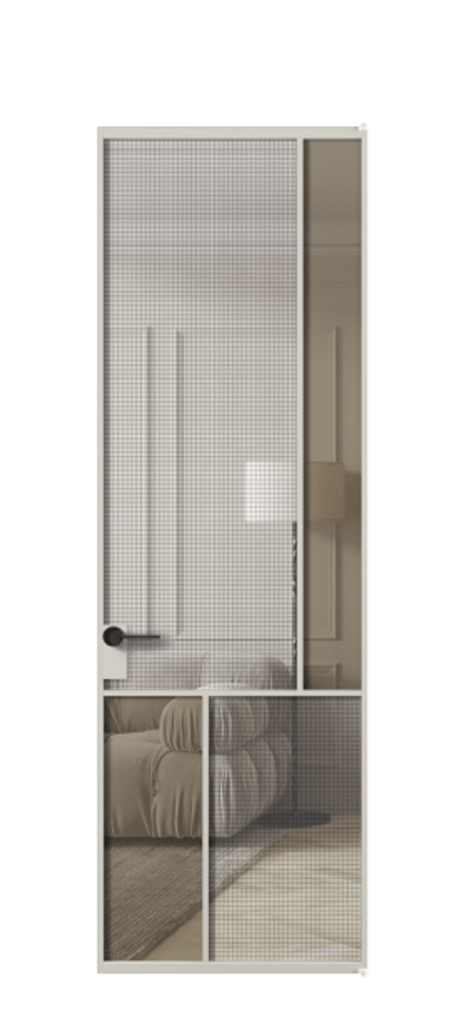 Межкомнатная дверь Mosaic АЛПЛ041.21 Алюминий тёплый серый Декоративное стекло с сеткой "Mesh silver", триплекс, 6 мм + Прозрачное бронзовое стекло, триплекс Цена 241830 сом | Volhovec