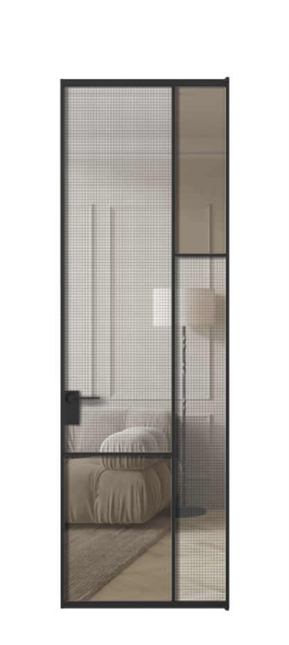 Межкомнатная дверь Mosaic АЛПЛ041.12 Алюминий Черный Декоративное стекло с сеткой "Mesh silver", триплекс, 6 мм + Прозрачное бронзовое стекло, триплекс, 6 мм Цена 228290 сом | Volhovec
