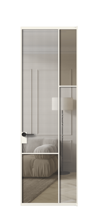 Межкомнатная дверь Mosaic АЛПЛ041.12 Алюминий пудровый белый Декоративное стекло с сеткой "Mesh silver", триплекс, 6 мм + Прозрачное бронзовое стекло, триплекс Цена 250240 сом | Volhovec