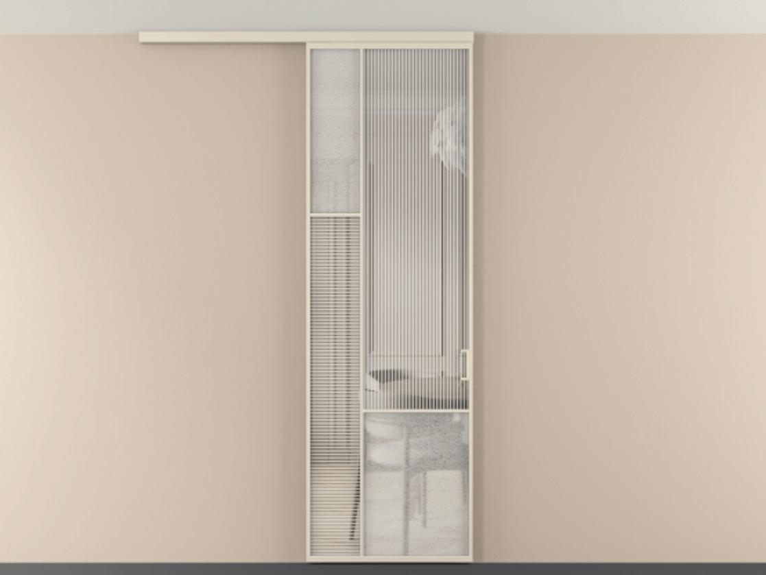 Перегородка Мозаик вдоль стены на потолок 1 створка АЛПР 041.13 Алюминий бежево-серый Рифлёное стекло "Дюна", триплекс, 6 мм + Фактурное стекло "Лёд", триплекс Цена 208270 сом | Volhovec