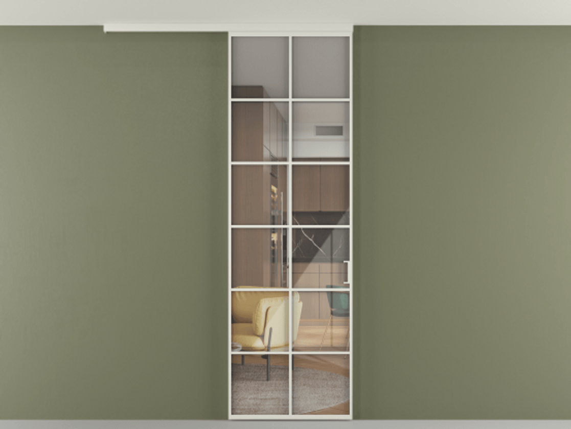 Перегородка Формато вдоль стены на потолок 1 створка АЛПР 040.05 Алюминий Белый Рефлективное прозрачное стекло "Стопсол", калёное Цена 187810 сом | Volhovec