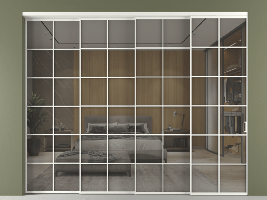 Перегородка Формато внутри проёма 4 створки с синхронным механизмом АЛПР 040.05 Алюминий светло-серый Рефлективное серое стекло "Стопсол", калёное. Цена 748790 сом 1. Полотно 4 шт. (800/2100 мм)
2. Комплект установки раздвижной системы
3. Базовый комплект фурнитуры
4. Комплект фурнитуры телескопик синхро-3
5. Ручка Рондо. Фабрика дверей Волховец 8 (800) 551 43 19 Перегородка Формато внутри проёма 4 створки с синхронным механизмом АЛПР 040.05 Алюминий светло-серый Рефлективное серое стекло "Стопсол", калёное Цена 748790 сом | Volhovec