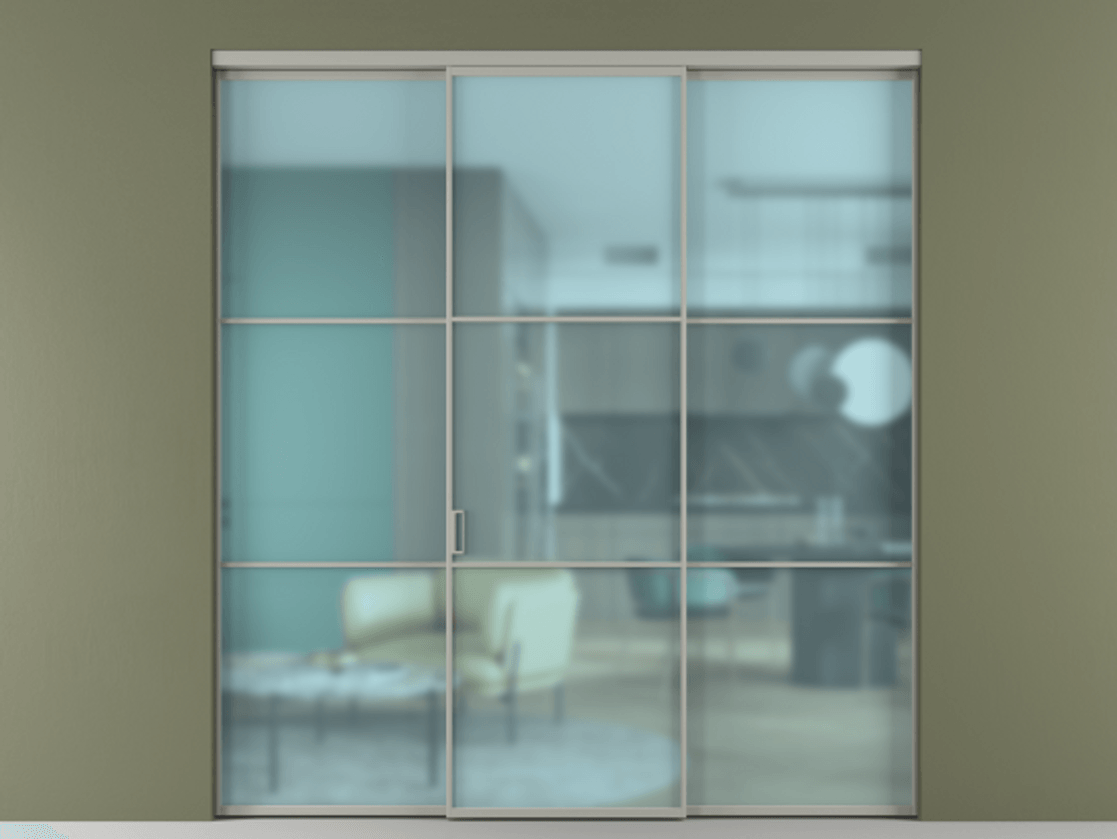 Перегородка Формато внутри проёма 3 створки АЛПР 040.03 Алюминий нейтральный серый Сатинированное голубое стекло, триплекс Цена 345470 сом | Volhovec