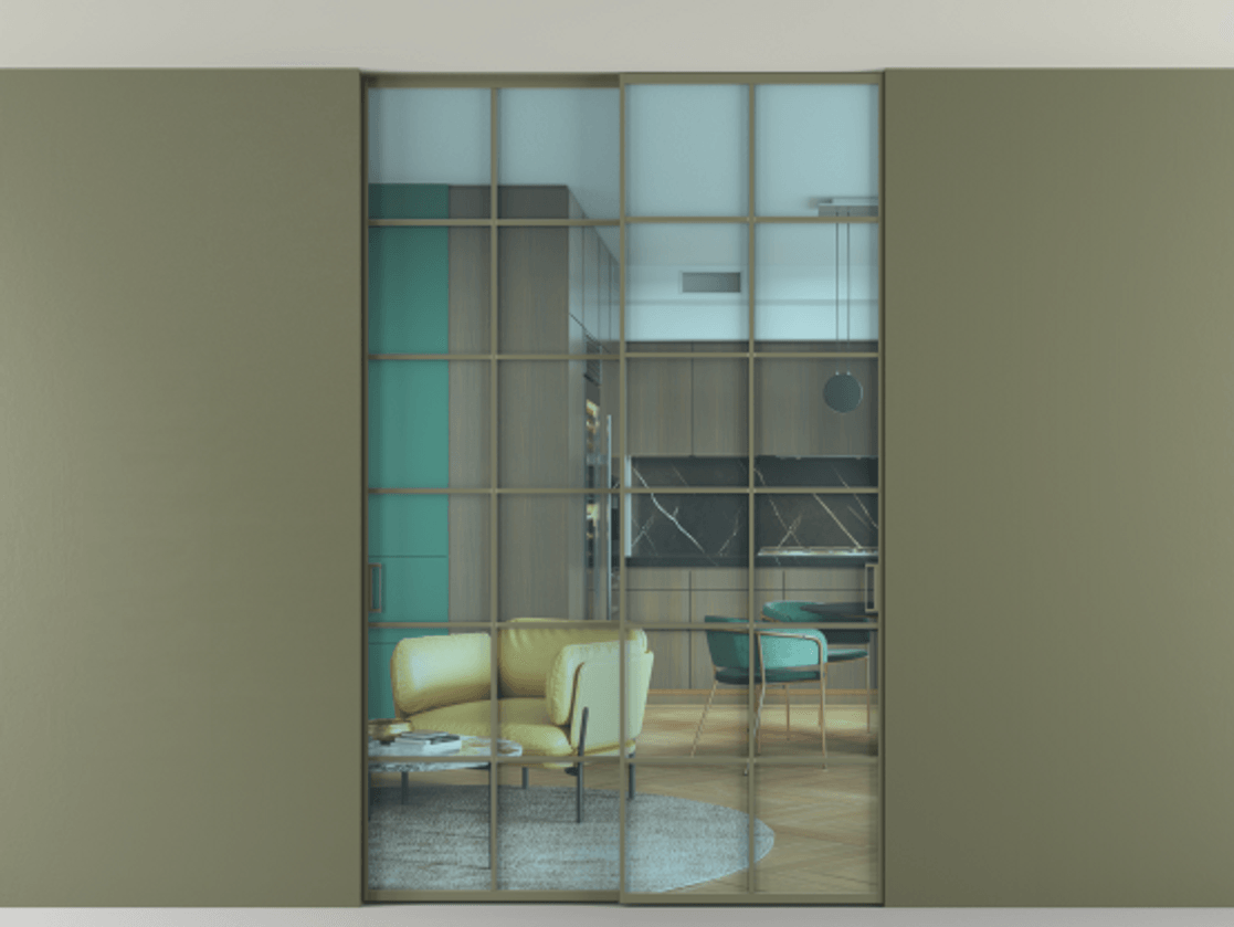 Перегородка Formato внутри проёма скрытое крепление в потолок 2 створки АЛПР 040.05 Алюминий оливковый тёмный Прозрачное голубое стекло, триплекс Цена 393420 сом | Volhovec