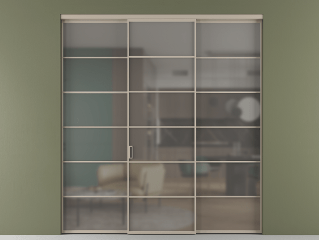 Перегородка Формато внутри проёма 3 створки АЛПР 040.04 Алюминий бисквитный Сатинированное серое стекло, триплекс Цена 254825 ₽ | Volhovec