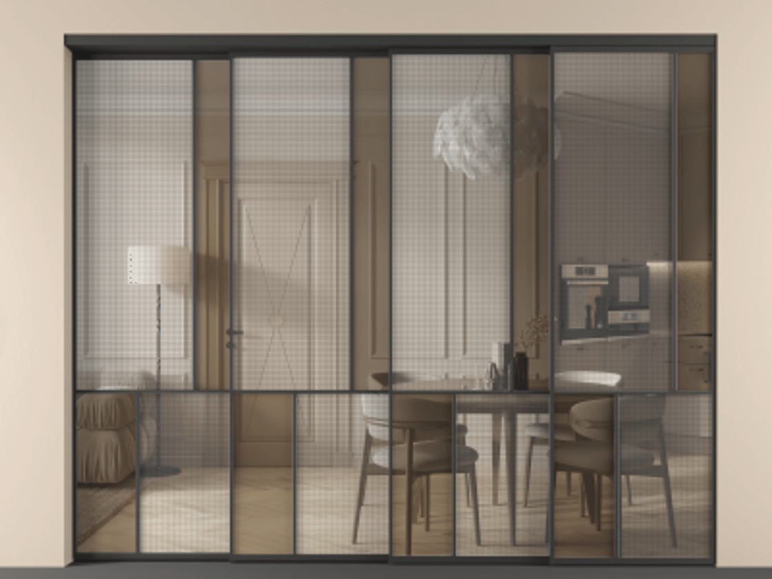 Перегородка Mosaic внутри проёма телескопик синхро-4 АЛПР 041.21 Алюминий Черный Mesh silver + Бронза прозрачное триплекс Цена 804030 сом | Volhovec