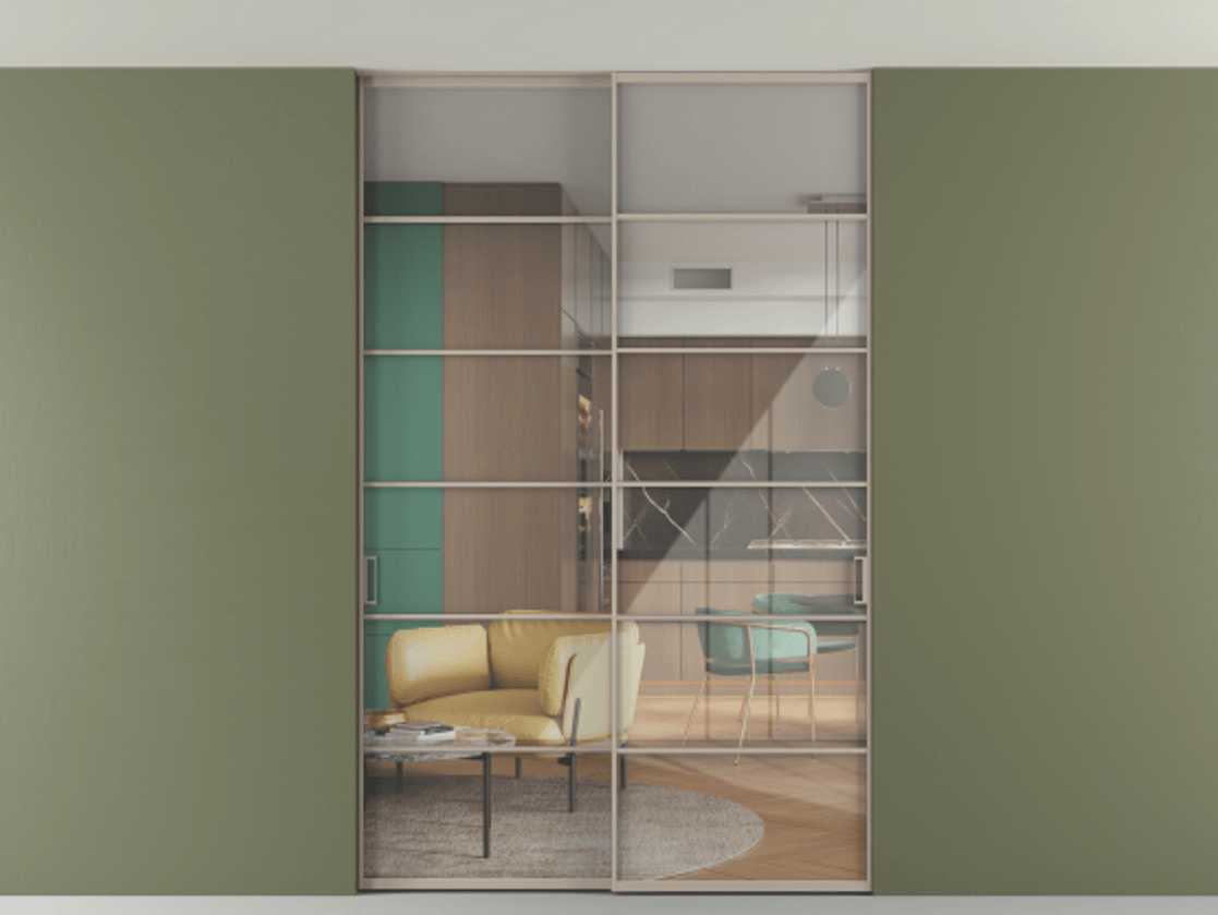 Перегородка Formato внутри проёма скрытое крепление в потолок 2 створки АЛПР 040.04 Алюминий бисквитный Рефлективное прозрачное стекло "Stopsol", калёное Цена 469820 сом | Volhovec