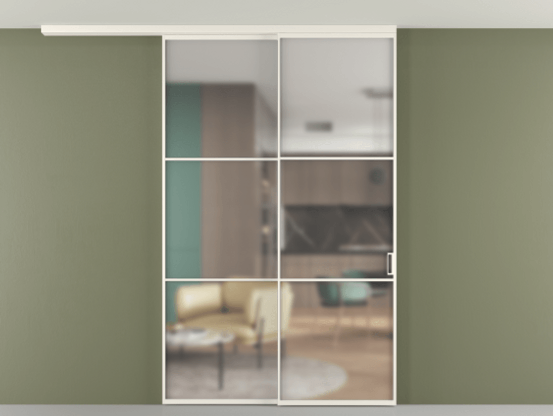 Перегородка Формато вдоль стены на потолок 2 створки с синхронным механизмом АЛПР 040.03 Алюминий пудровый белый Сатинированное стекло "Мателюкс Кристал Вижн", калёное, матовое, каленое 6 мм Цена 476140 сом | Volhovec