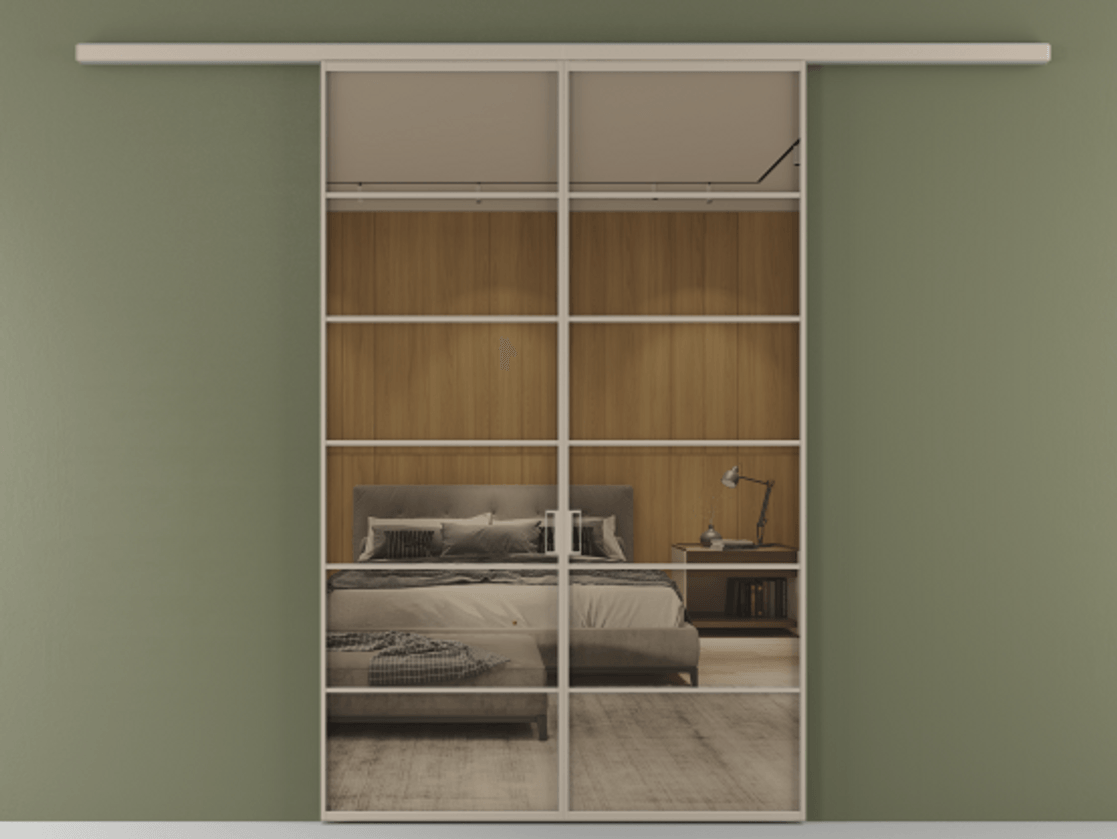 Перегородка Формато вдоль стены 2 створки АЛПР 040.04 Алюминий бисквитный Рефлективное бронзовое стекло "Стопсол", калёное Цена 385260 сом | Volhovec