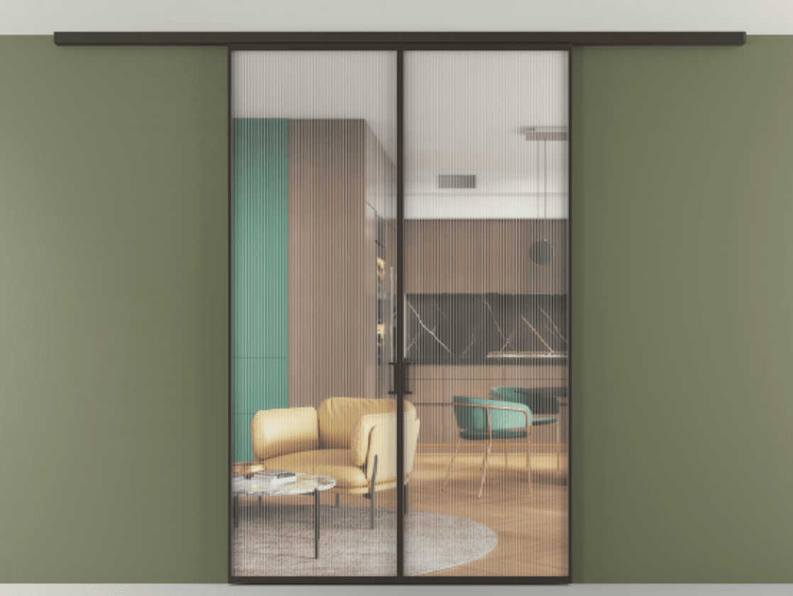 Перегородка Формато вдоль стены на потолок 2 створки АЛПР 040.01 Алюминий антрацит Рифлёное стекло "Мору", триплекс Цена 288540 сом | Volhovec