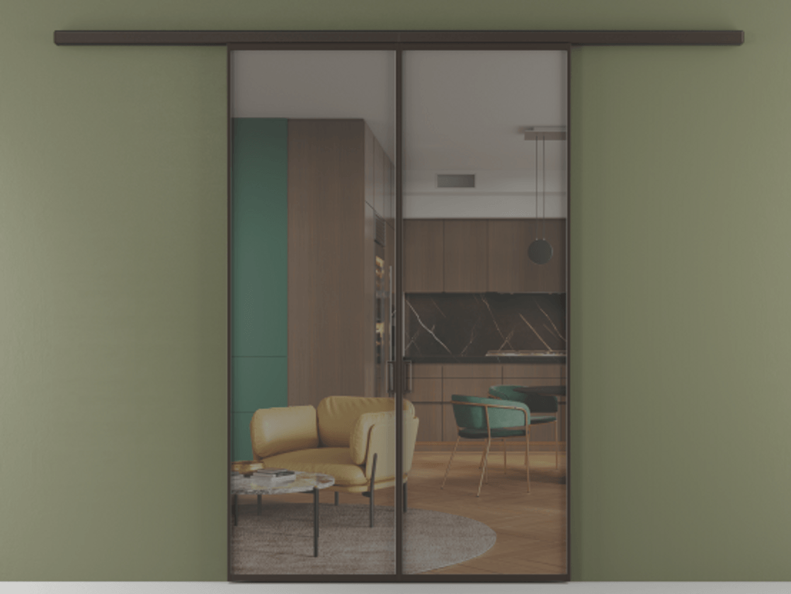 Перегородка Формато вдоль стены 2 створки АЛПР 040.01 Алюминий антрацит Прозрачное серое стекло, триплекс Цена 272780 сом | Volhovec