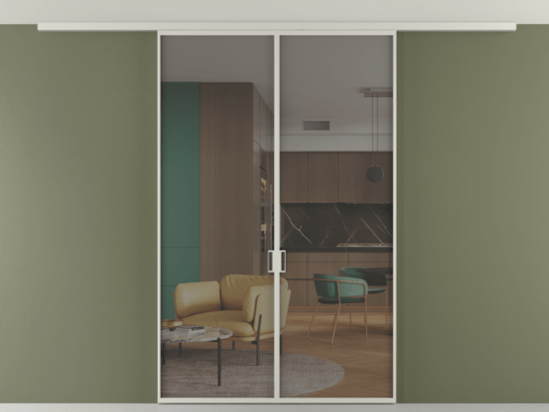 Перегородка Формато вдоль стены на потолок 2 створки АЛПР 040.01 Алюминий тёплый серый Прозрачное серое стекло, триплекс Цена 314550 сом | Volhovec