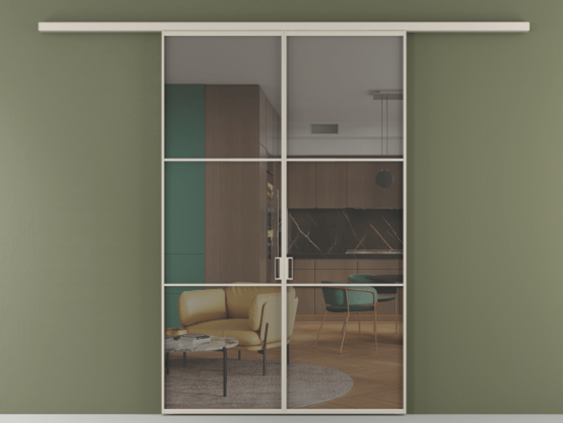 Перегородка Формато вдоль стены 2 створки АЛПР 040.03 Алюминий светло-бежевый Прозрачное серое стекло, триплекс Цена 284580 сом | Volhovec