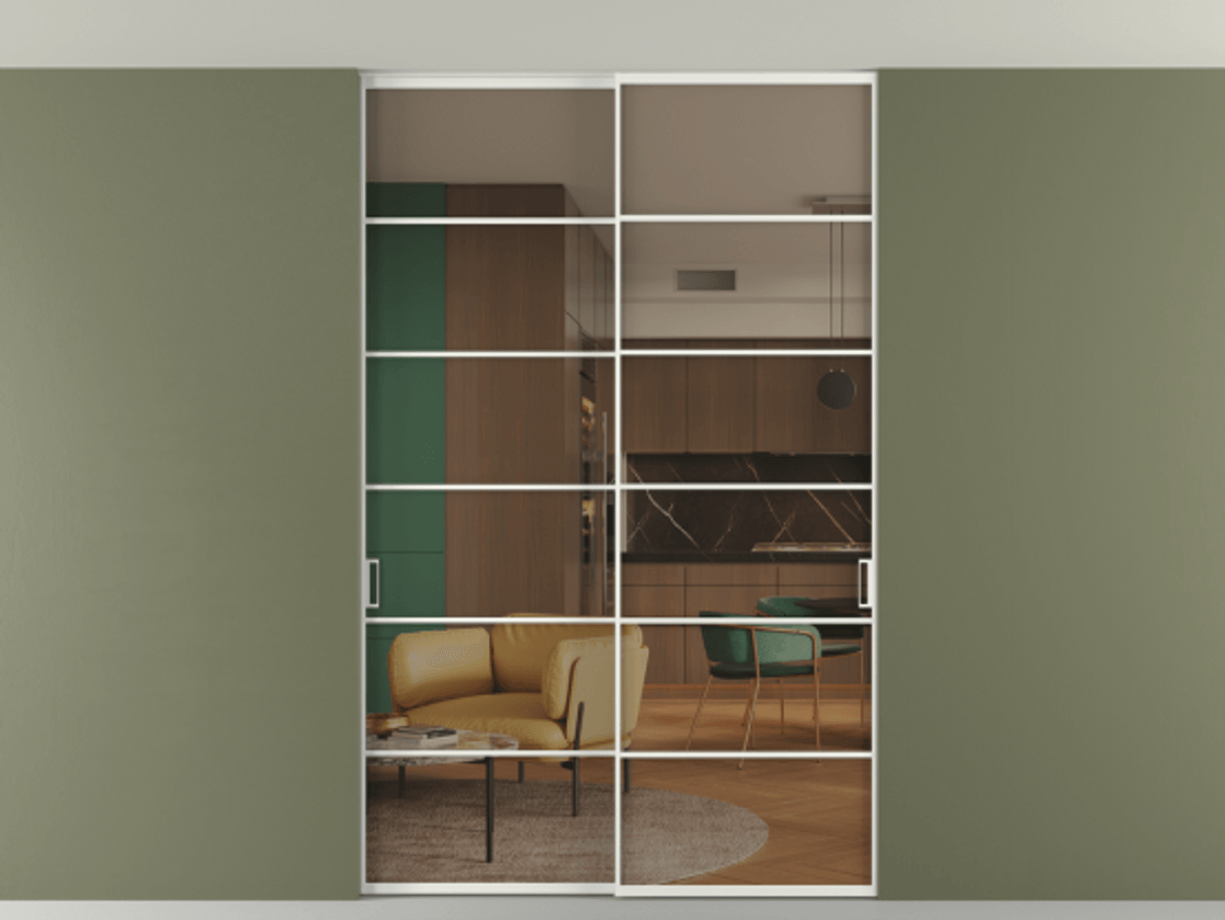 Перегородка Формато внутри проёма скрытое крепление в потолок 2 створки АЛПР 040.04 Алюминий светло-серый Прозрачное бронзовое стекло, триплекс Цена 380140 сом | Volhovec