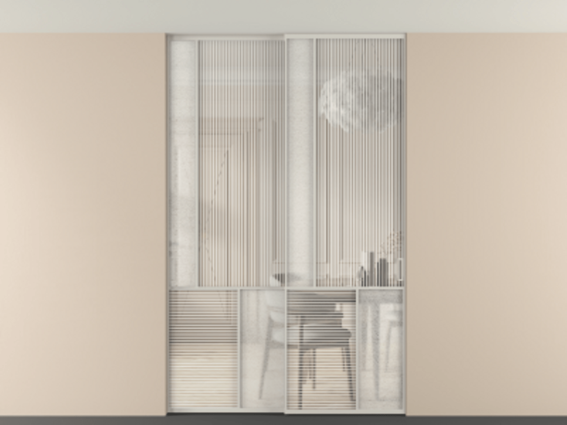 Перегородка Мозаик внутри проёма скрытое крепление в потолок 2 створки АЛПР 041.20 Алюминий тёплый серый Рифлёное стекло "Дюна", триплекс, 6 мм + Фактурное стекло "Лёд", триплекс. Цена 495880 сом . Фабрика дверей Волховец 8 (800) 551 43 19 Перегородка Мозаик внутри проёма скрытое крепление в потолок 2 створки АЛПР 041.20 Алюминий тёплый серый Рифлёное стекло "Дюна", триплекс, 6 мм + Фактурное стекло "Лёд", триплекс Цена 495880 сом | Volhovec