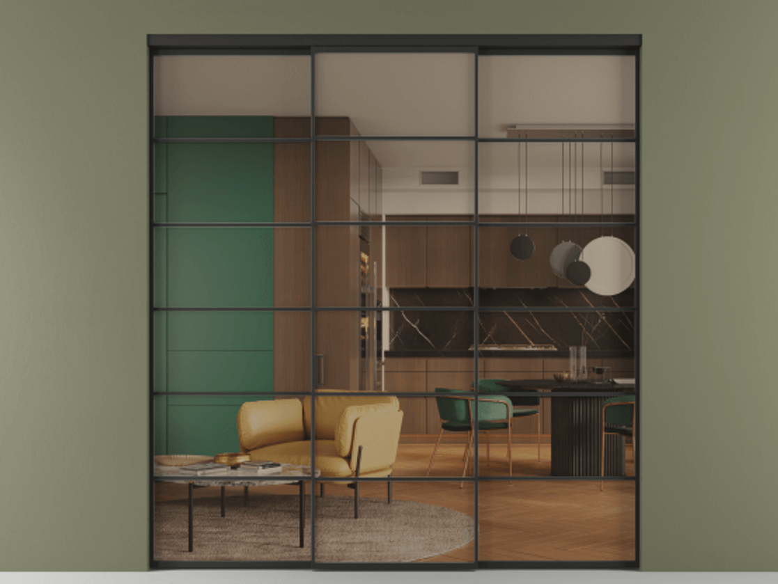 Перегородка Формато внутри проёма 3 створки АЛПР 040.04 Алюминий Черный Прозрачное бронзовое стекло, триплекс Цена 356170 сом | Volhovec