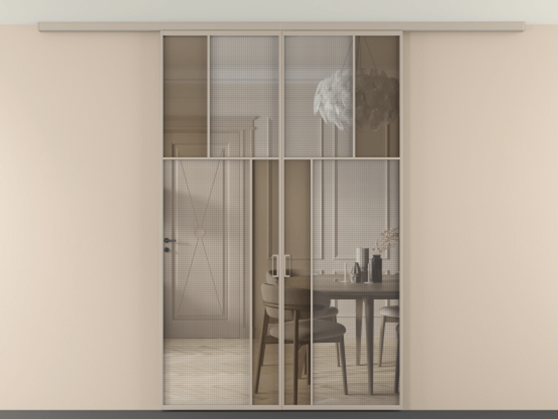 Перегородка Mosaic вдоль стены на потолок двустворчатая АЛПР 041.22 Алюминий бисквитный Декоративное стекло с сеткой "Mesh silver", триплекс, 6 мм + Прозрачное бронзовое стекло, триплекс, 6 мм Цена 378440 сом | Volhovec