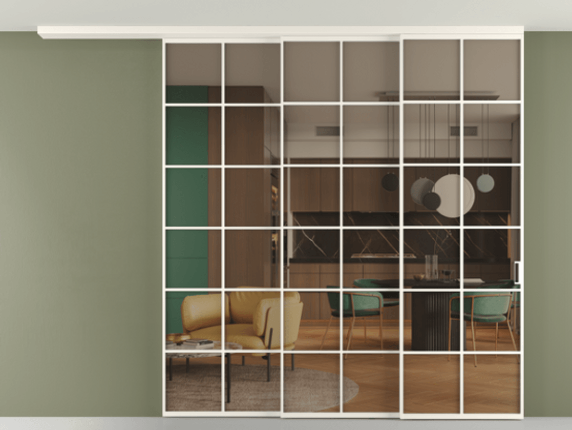 Перегородка Формато вдоль стены на потолок 3 створки с синхронным механизмом АЛПР 040.05 Алюминий пудровый белый Прозрачное бронзовое стекло, триплекс Цена 587170 сом | Volhovec