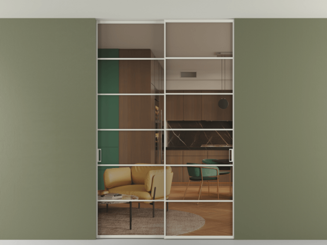 Перегородка Формато внутри проёма скрытое крепление в потолок 2 створки АЛПР 040.04 Алюминий тёплый серый Прозрачное бронзовое стекло, триплекс Цена 380140 сом | Volhovec