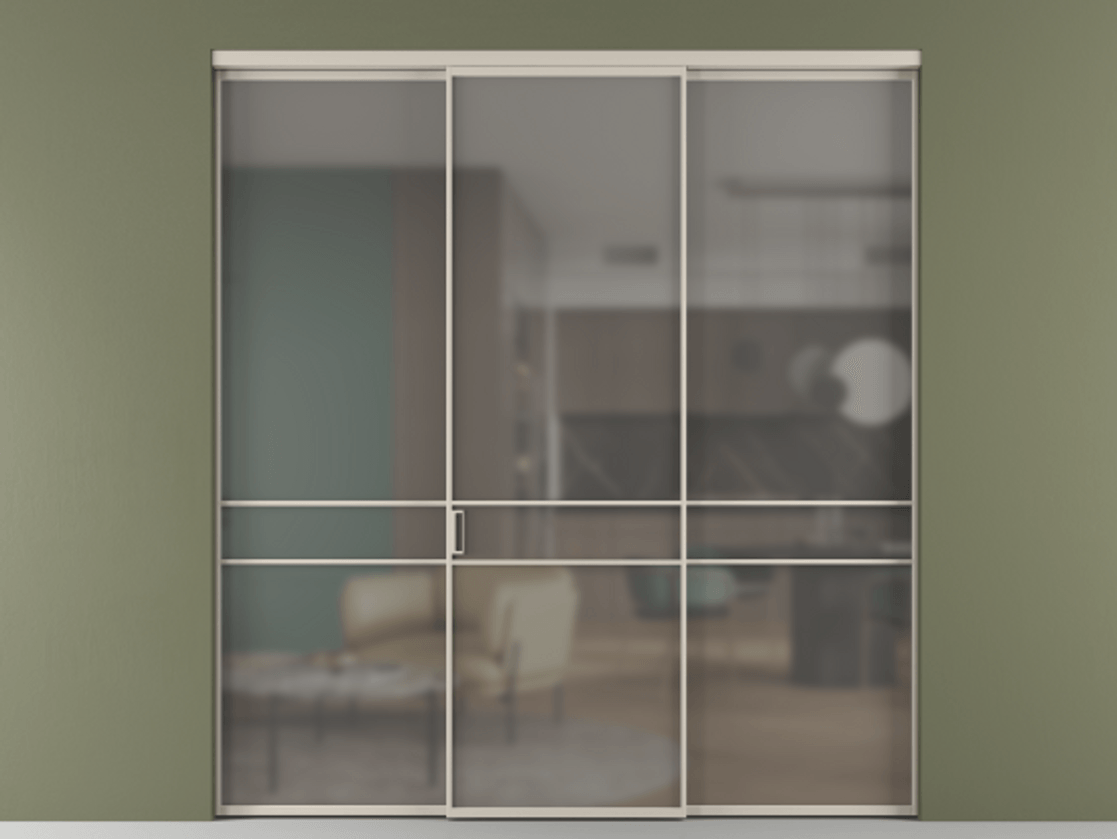 Перегородка Формато внутри проёма 3 створки АЛПР 040.02 Алюминий светло-бежевый Сатинированное серое стекло, триплекс Цена 345470 сом | Volhovec