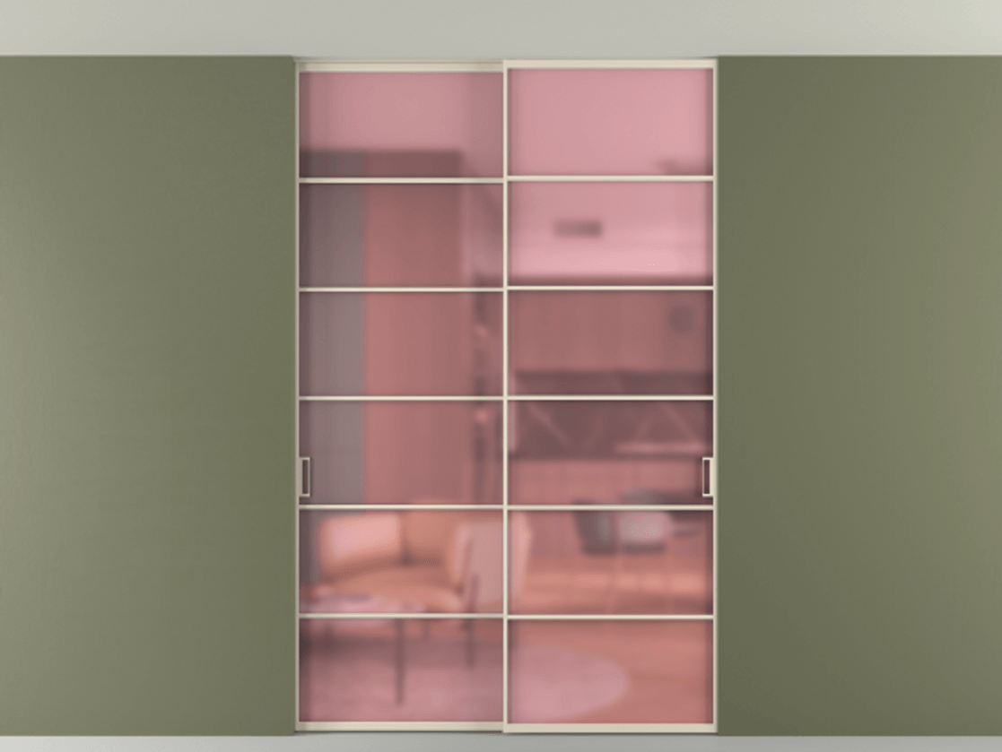 Перегородка Формато внутри проёма скрытое крепление в потолок 2 створки АЛПР 040.04 Алюминий бежево-серый Сатинированное розовое стекло, триплекс Цена 380140 сом | Volhovec