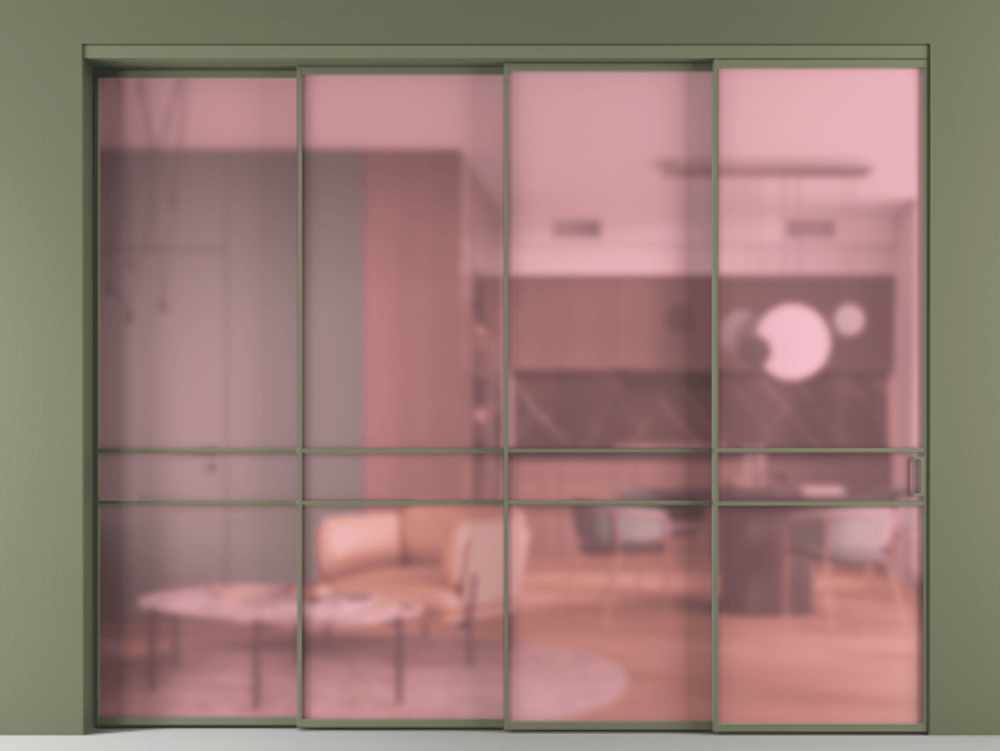 Перегородка Formato внутри проёма 4 створки с синхронным механизмом АЛПР 040.02 Алюминий оливковый тёмный Сатинированное розовое стекло, триплекс Цена 653310 сом | Volhovec