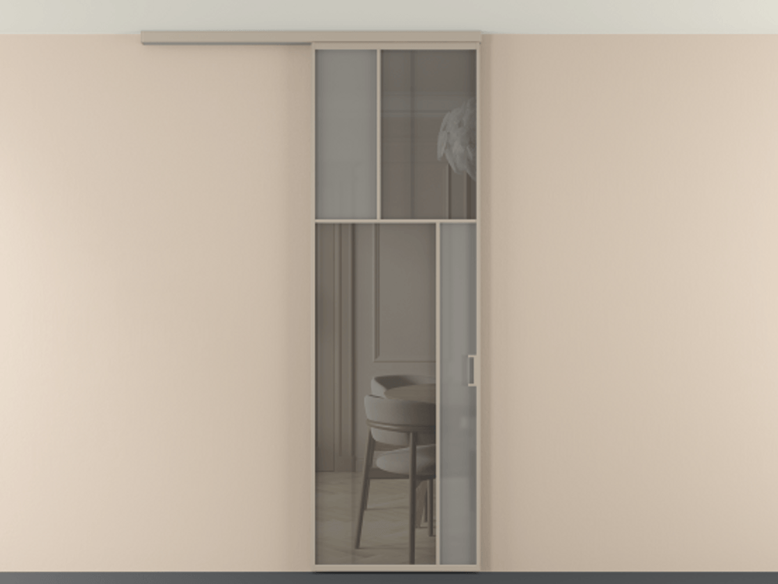 Перегородка Мозаик вдоль стены на потолок 1 створка АЛПР 041.23 Алюминий бисквитный Сатинированное серое стекло, триплекс, 6 мм + Прозрачное серое стекло, триплекс Цена 196620 сом | Volhovec