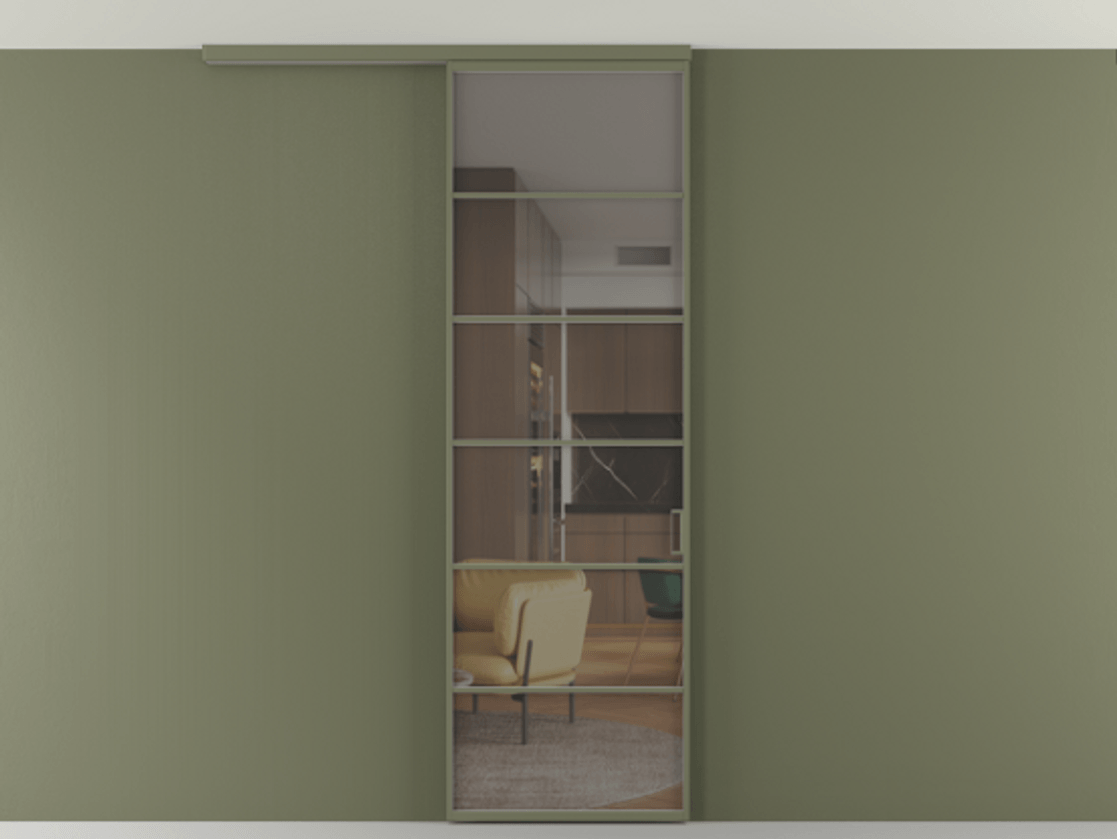 Перегородка Формато вдоль стены на потолок 1 створка АЛПР 040.04 Алюминий оливковый тёмный Прозрачное серое стекло, триплекс Цена 157030 сом | Volhovec