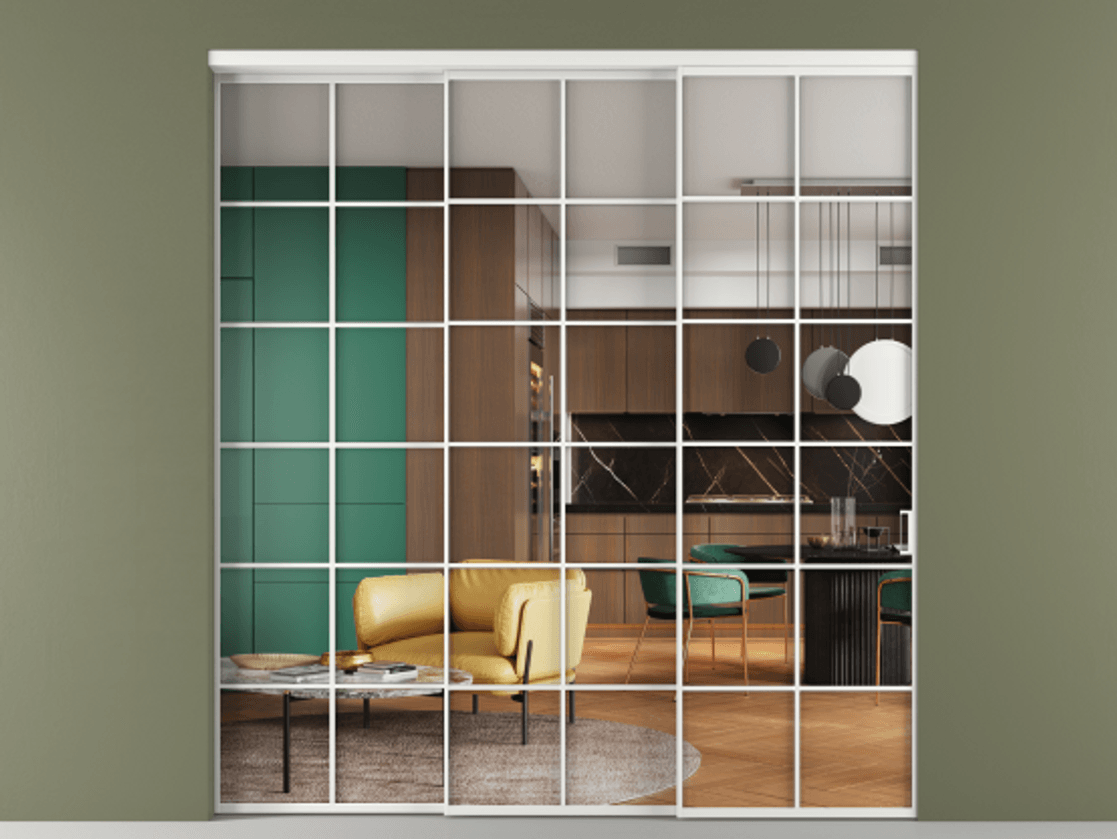 Перегородка Формато внутри проёма 3 створки с синхронным механизмом АЛПР 040.05 Алюминий белоснежный Прозрачное стекло "Кристал Вижн", калёное Цена 636270 сом  | Volhovec