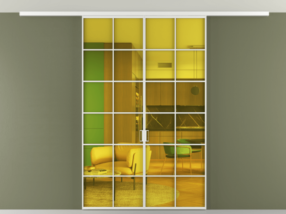 Перегородка Formato вдоль стены на потолок 2 створки АЛПР 040.05 Алюминий белоснежный Прозрачное жёлтое стекло, триплекс Цена 356840 сом | Volhovec