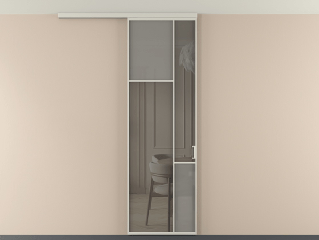 Перегородка Мозаик вдоль стены на потолок 1 створка АЛПР 041.10 Алюминий тёплый серый Сатинированное серое стекло, триплекс, 6 мм + Прозрачное серое стекло, триплекс Цена 196620 сом | Volhovec