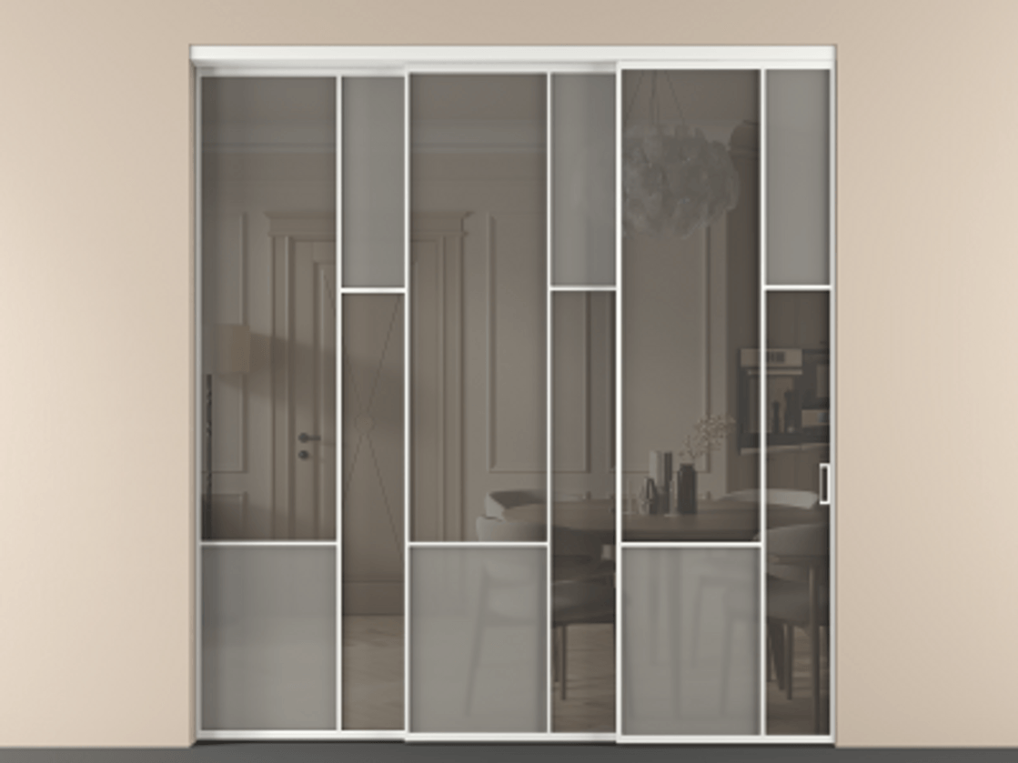 Перегородка Mosaic внутри проёма 3 створки с синхронным механизмом АЛПР 041.12 Алюминий белоснежный Сатинированное серое стекло, триплекс, 6 мм + Прозрачное серое стекло, триплекс Цена 636840 сом | Volhovec