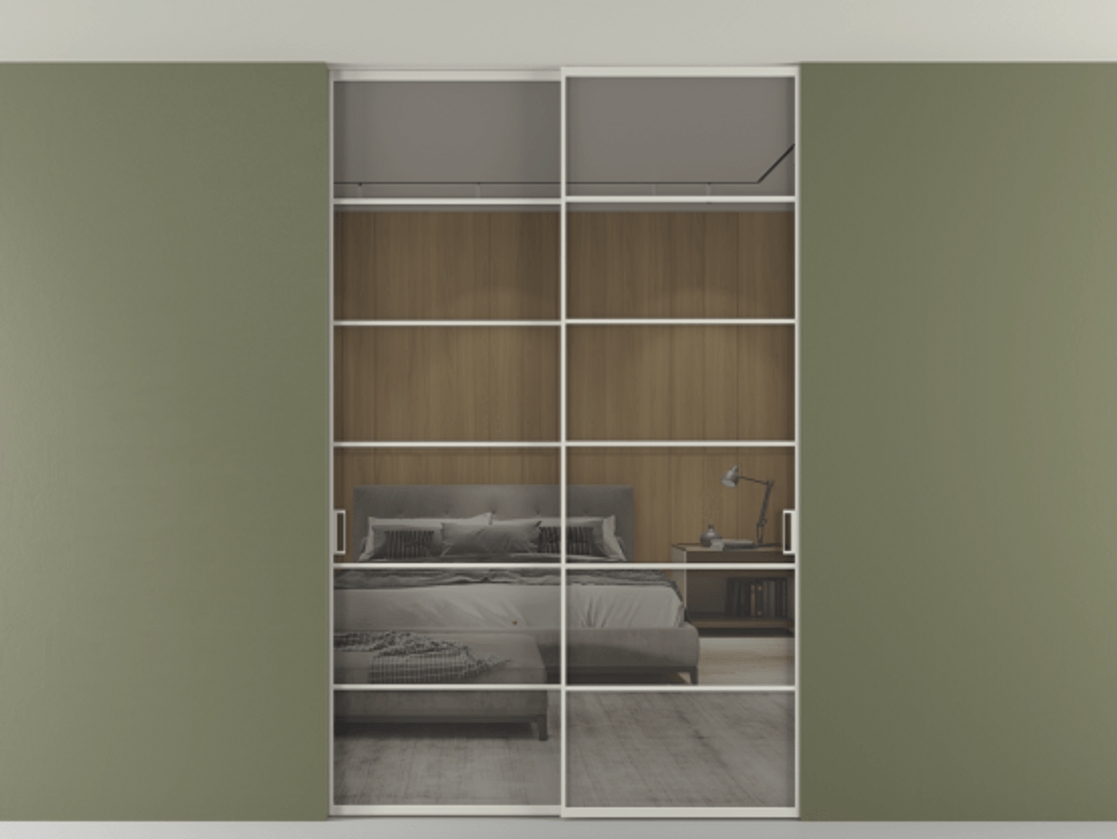 Перегородка Формато внутри проёма скрытое крепление в потолок 2 створки АЛПР 040.04 Алюминий тёплый серый Рефлективное серое стекло "Стопсол", калёное Цена 322680 ₽ | Volhovec