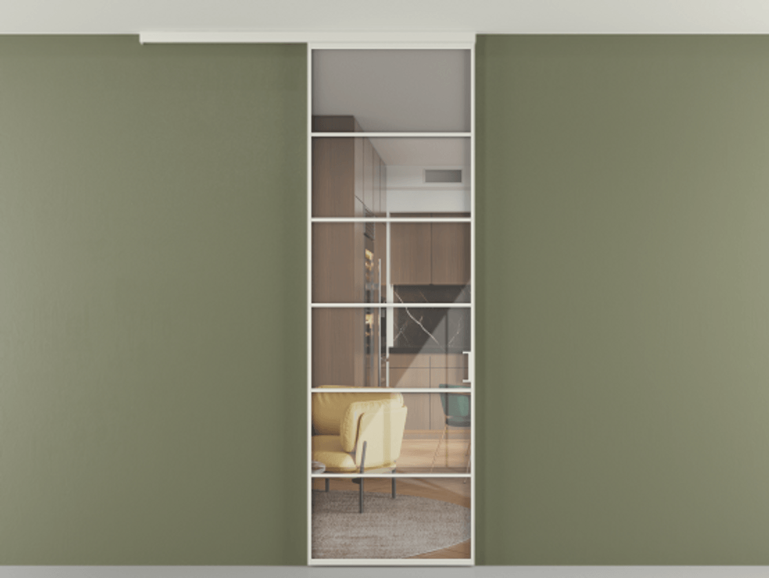 Перегородка Формато вдоль стены на потолок 1 створка АЛПР 040.04 Алюминий Белый Рефлективное прозрачное стекло "Стопсол", калёное Цена 187810 сом | Volhovec