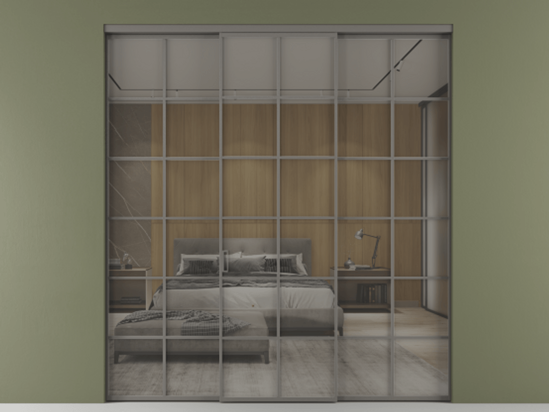 Перегородка Formato внутри проёма 3 створки АЛПР 040.05 Алюминий классический серый Рефлективное серое стекло "Stopsol", калёное Цена 496500 сом | Volhovec