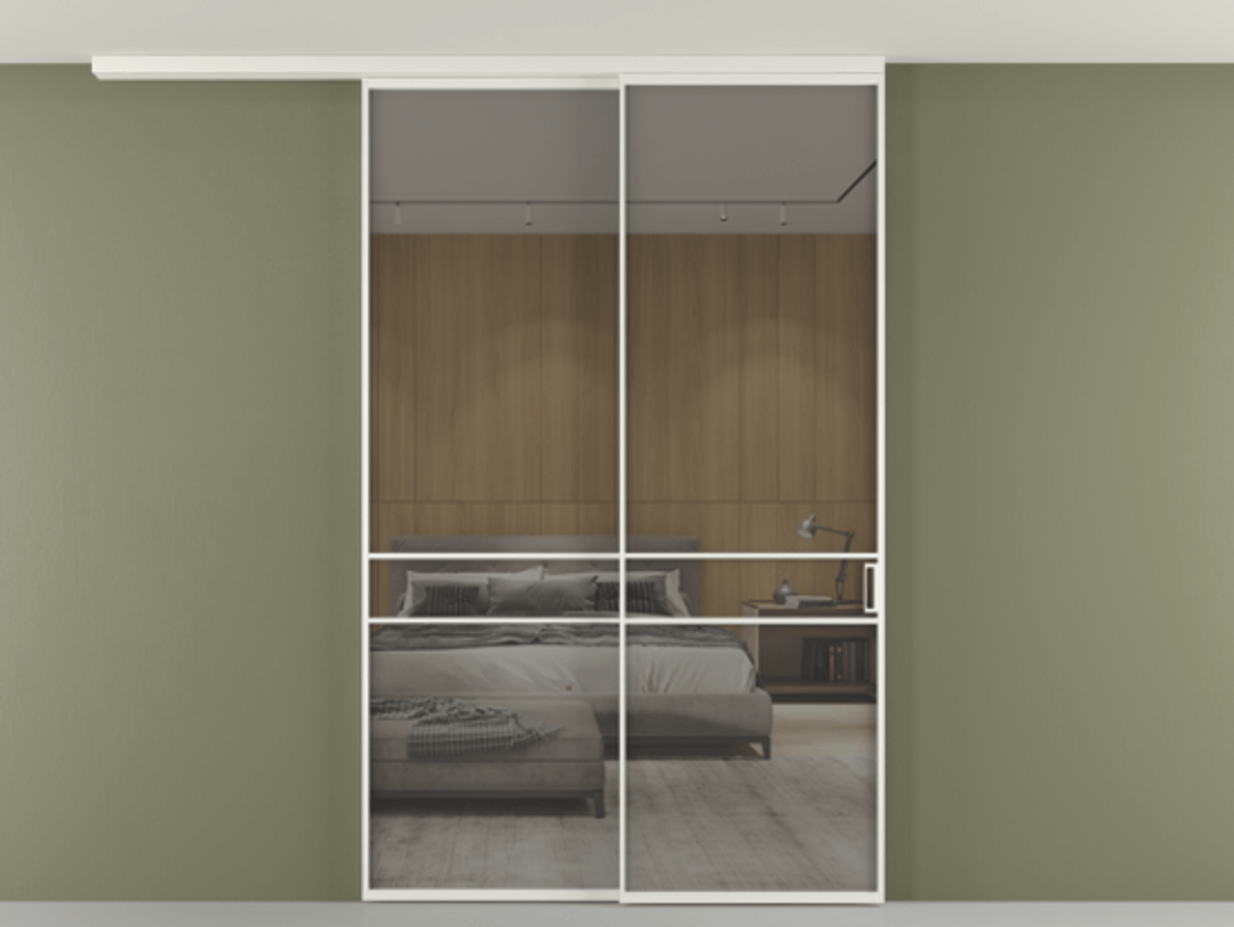 Перегородка Формато вдоль стены на потолок 2 створки с синхронным механизмом АЛПР 040.02 Алюминий светло-серый Рефлективное серое стекло "Стопсол", калёное Цена 476140 сом | Volhovec