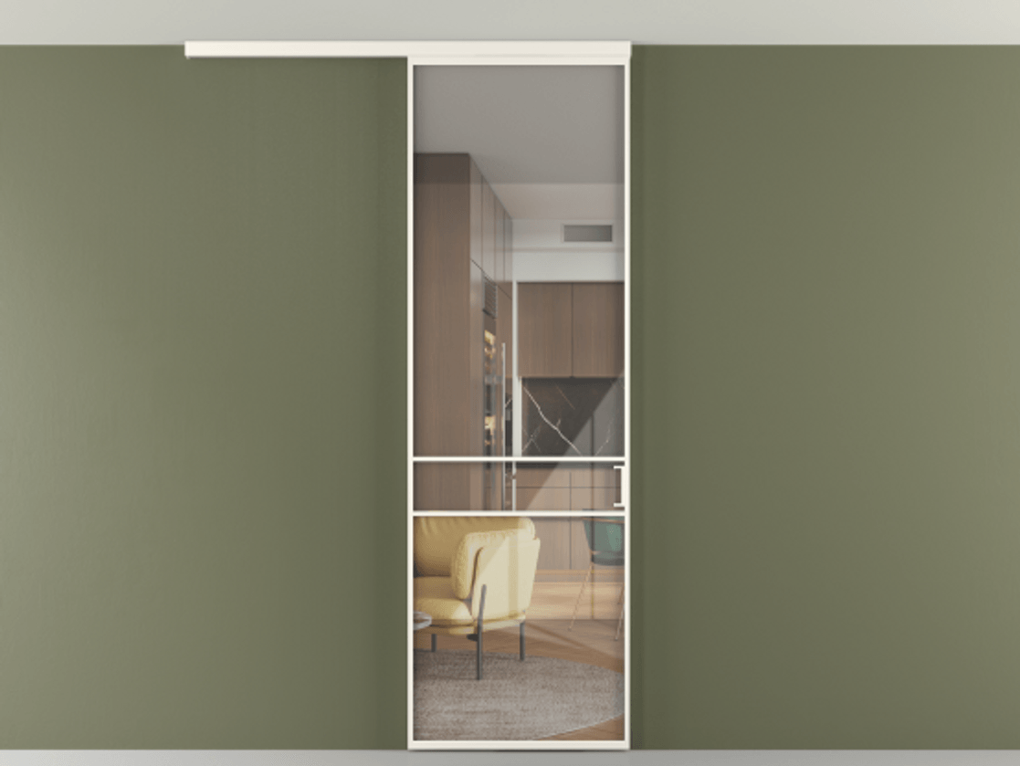 Перегородка Formato вдоль стены на потолок 1 створка АЛПР 040.02 Алюминий пудровый белый Рефлективное прозрачное стекло "Стопсол", калёное Цена 182740 сом | Volhovec