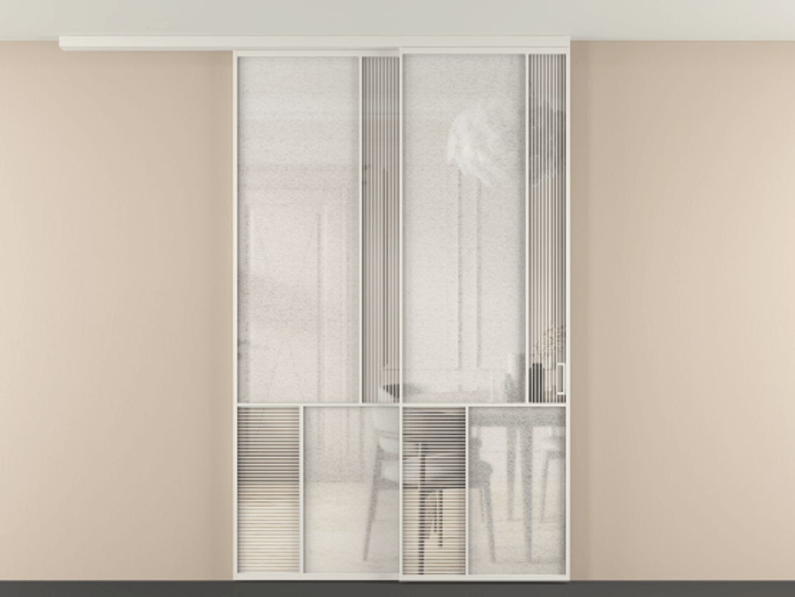 Перегородка Mosaic вдоль стены на потолок 2 створки с синхронным механизмом АЛПР 041.21 Алюминий Белый Рифлёное стекло "Дюна", триплекс, 6 мм + Фактурное стекло "Лёд", триплекс Цена 503080 сом | Volhovec