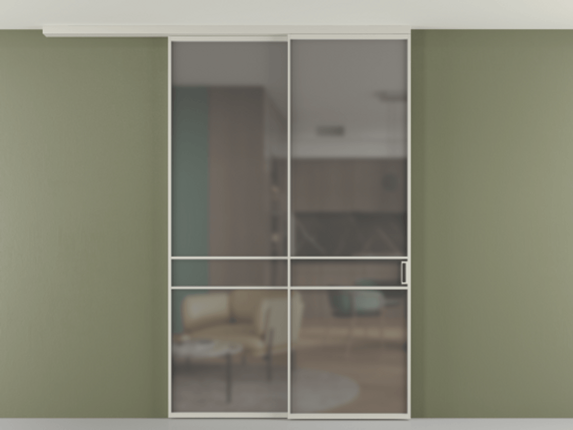 Перегородка Формато вдоль стены на потолок 2 створки с синхронным механизмом АЛПР 040.02 Алюминий тёплый серый Сатинированное серое стекло, триплекс Цена 452850 сом | Volhovec