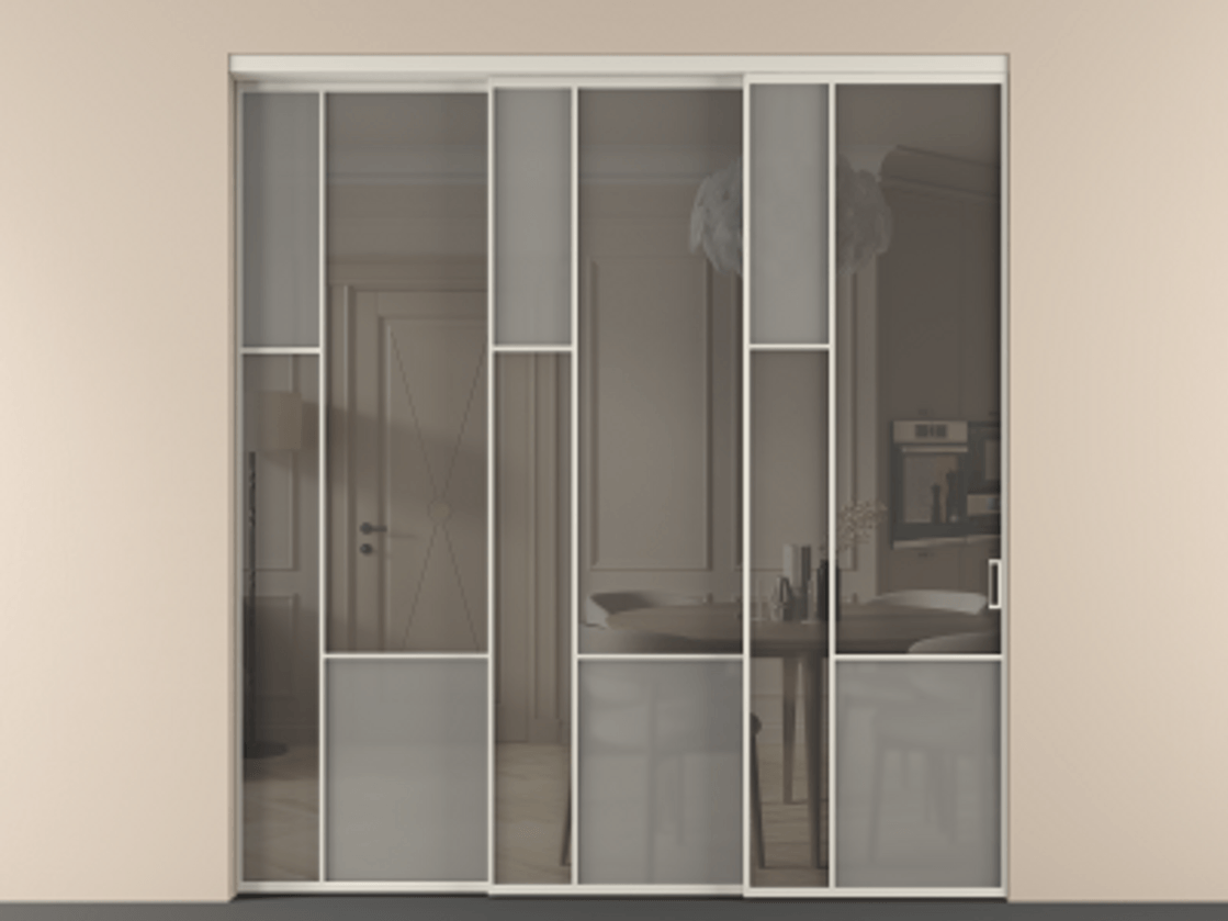 Перегородка Мозаик внутри проёма 3 створки с синхронным механизмом АЛПР 041.13 Алюминий облачно-серый Сатинированное серое стекло, триплекс, 6 мм + Прозрачное серое стекло, триплекс Цена 636840 сом | Volhovec