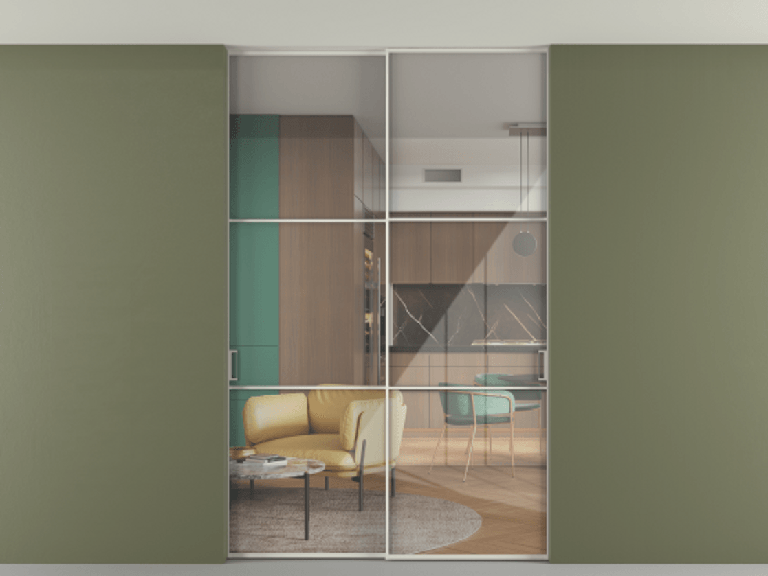 Перегородка Формато внутри проёма скрытое крепление в потолок 2 створки АЛПР 040.03 Алюминий Белый Рефлективное прозрачное стекло "Стопсол", калёное Цена 433310 сом | Volhovec