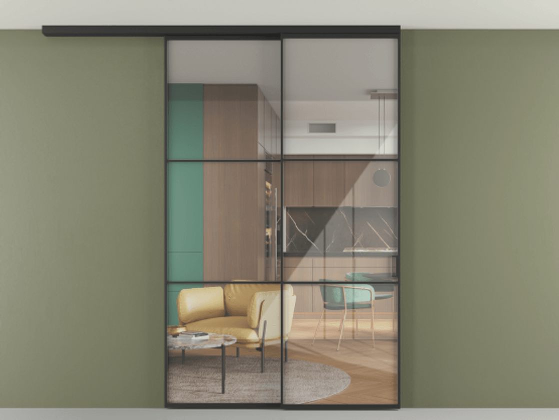 Перегородка Формато вдоль стены на потолок 2 створки с синхронным механизмом АЛПР 040.03 Алюминий Черный Рефлективное прозрачное стекло "Стопсол", калёное Цена 454420 сом | Volhovec