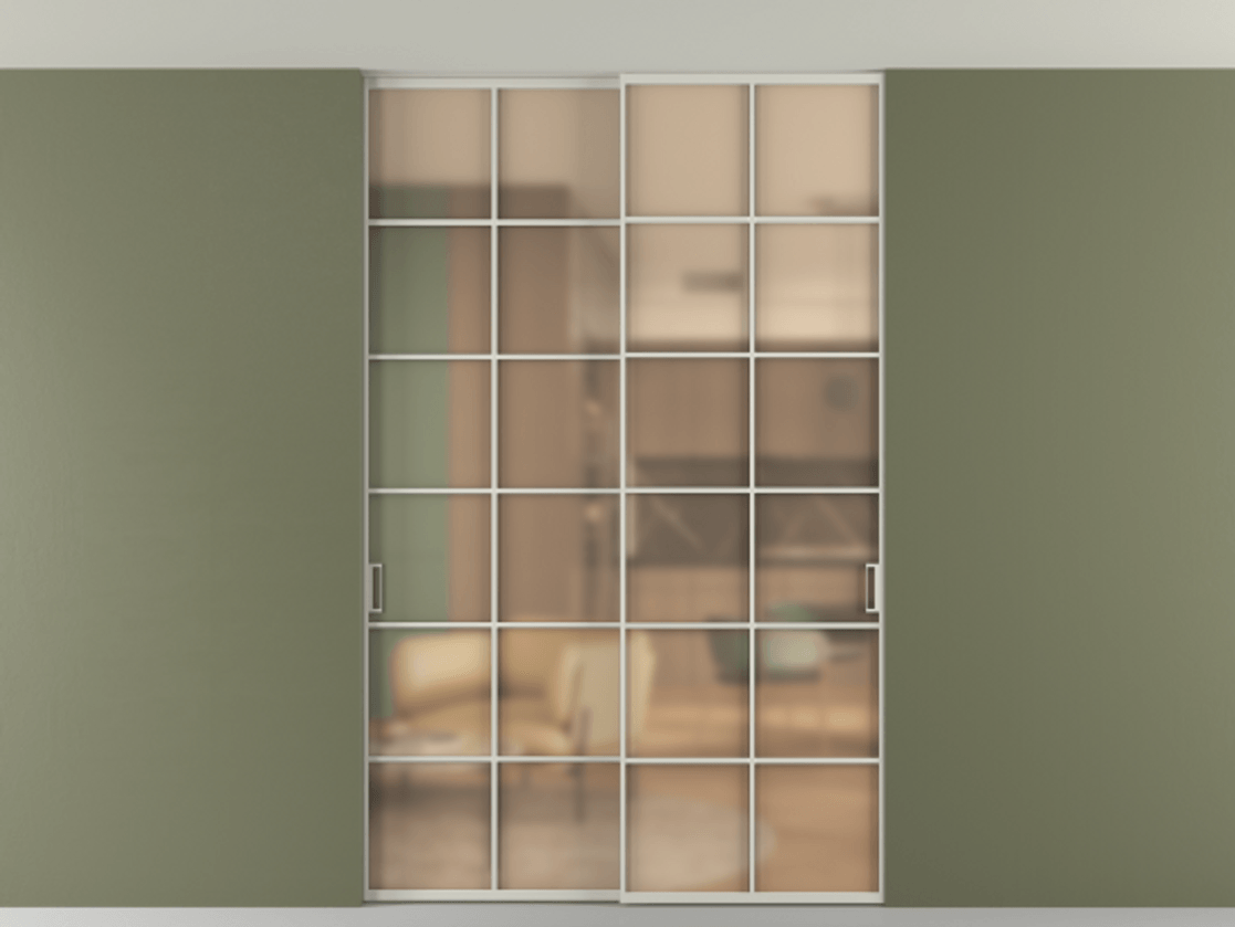 Перегородка Формато внутри проёма скрытое крепление в потолок 2 створки АЛПР 040.05 Алюминий тёплый серый Сатинированное оранжевое стекло, триплекс Цена 380140 сом | Volhovec