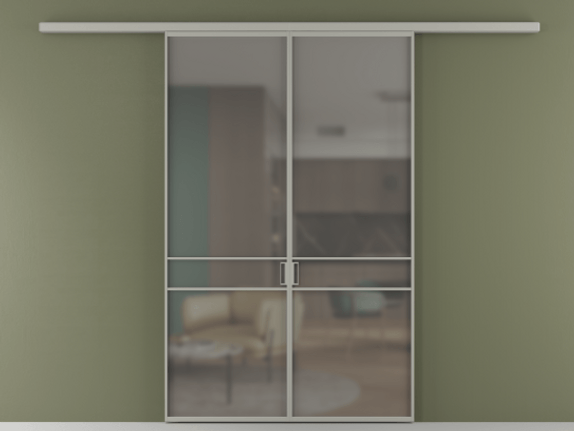 Перегородка Формато вдоль стены 2 створки АЛПР 040.02 Алюминий нейтральный серый Сатинированное серое стекло, триплекс Цена 39676350 so'm | Volhovec