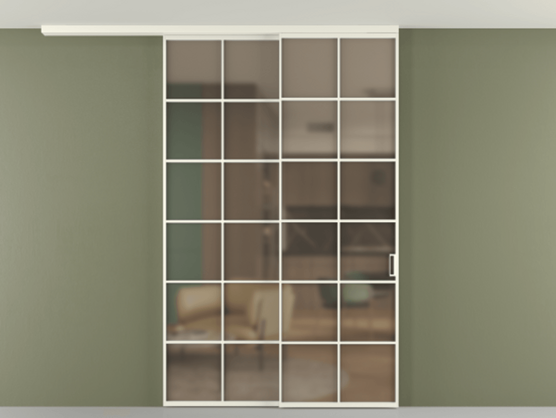 Перегородка Формато вдоль стены на потолок 2 створки с синхронным механизмом АЛПР 040.05 Алюминий жемчужный Сатинированное бронзовое стекло, триплекс Цена 291704 ₽ | Volhovec