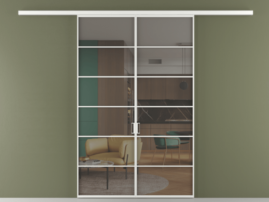 Перегородка Формато вдоль стены 2 створки АЛПР 040.04 Алюминий белоснежный Прозрачное серое стекло, триплекс Цена 301610 сом | Volhovec